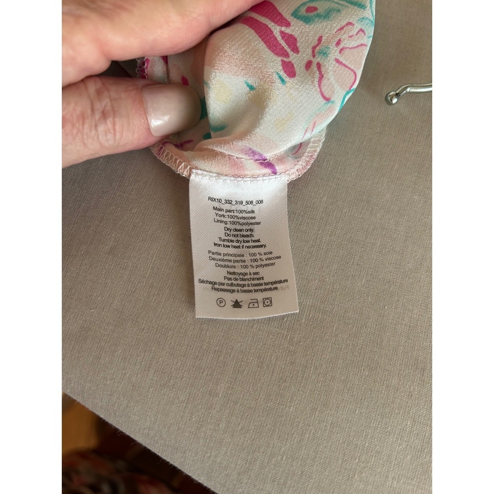 RIXO Amel Pink Teal Floral Silk Blend Kitten Bow Midi Dress Long Bell Sleeve XS - Picture 6 of 9